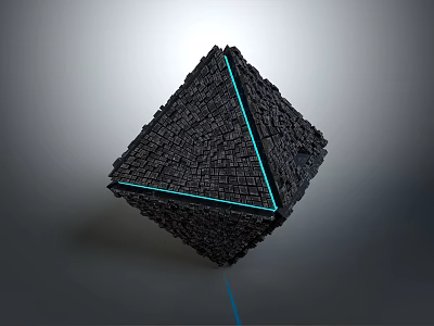 Modern Abstract Black Geometric Structure Composed of Small Cubes with Blue Glowing Edges 3d model
