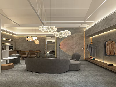 Modern Clothing Store Interior With Hanging Spherical Lights Gray Curved Sofa And Clothing Racks 3d model