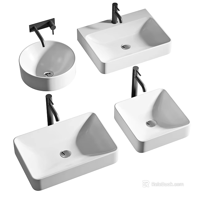 Modern White Washbasins with Round and Square Shapes and Black Faucets for Bathroom 3d model 