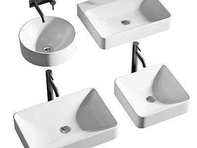 Modern White Washbasins with Round and Square Shapes and Black Faucets for Bathroom 3d model