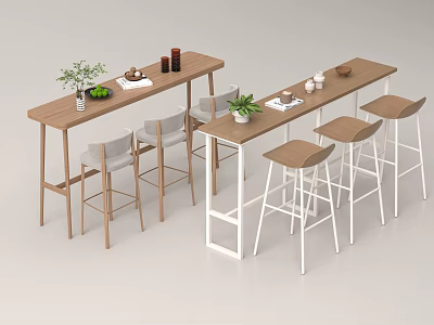 Modern Bar Interior With Wooden Counter High Stools And Decorative Plants 3d model