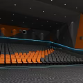 Modern Cinema Interior Featuring Large Screen Showing Movie Geometric Decor Comfortable Seats And Lighting