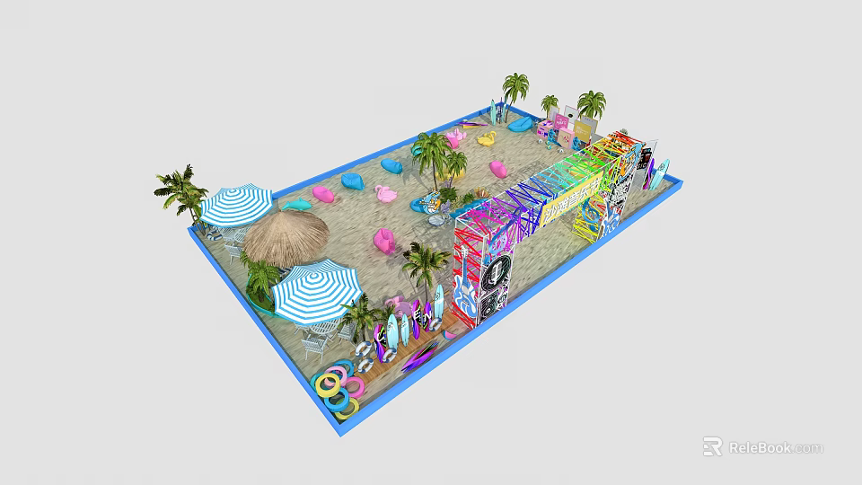 Colorful Beach Playground With Sand Palm Trees Striped Umbrellas Colorful Seats And Surfboards 3d model 