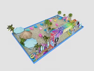 Colorful Beach Playground With Sand Palm Trees Striped Umbrellas Colorful Seats And Surfboards 3d model
