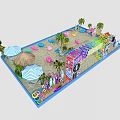 Colorful Beach Playground With Sand Palm Trees Striped Umbrellas Colorful Seats And Surfboards