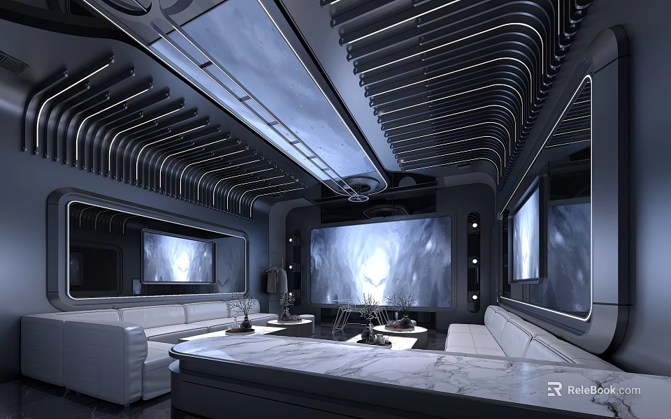 Futuristic KTV Room Interior With High Tech Screens And Sofas 3d model 