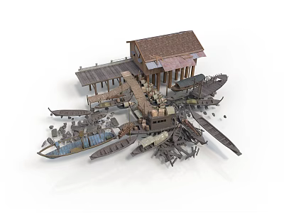 Small Wooden Harbor Scene With Dock Boats And Scattered Debris 3d model