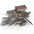 Small Wooden Harbor Scene With Dock Boats And Scattered Debris