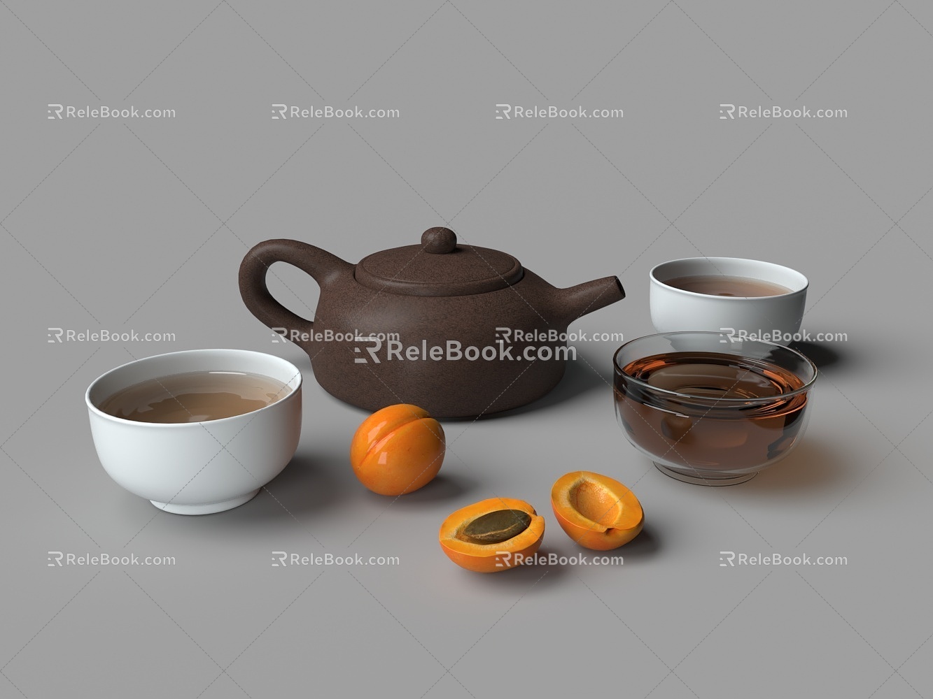 Purple sand teapot white porcelain teacup glass teacup cooked apricot 3d model