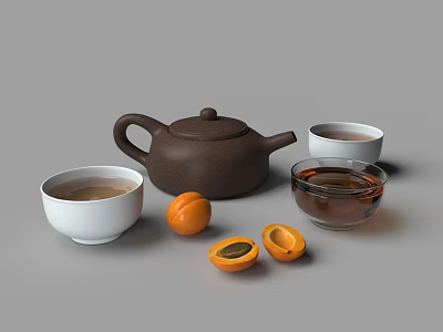 Traditional Ceramic Tea Set with Teapot Teacups and Glass Bowl Accompanied by Fresh Apricots 3d model