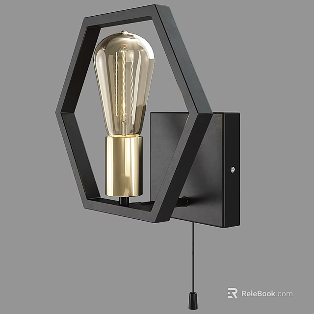 Geometric Hexagonal Black Wall Lamp With Gold Base And Transparent Vintage Bulb 3d model 