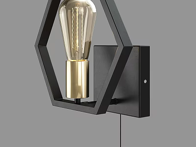 Geometric Hexagonal Black Wall Lamp With Gold Base And Transparent Vintage Bulb 3d model