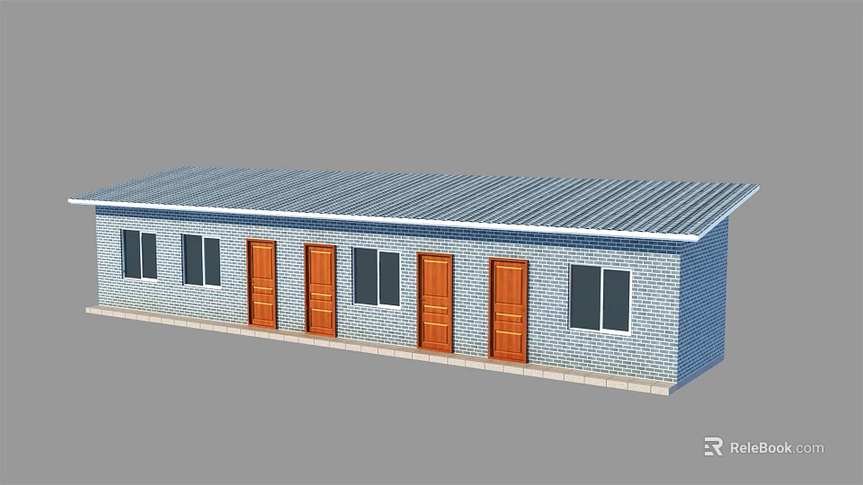 Single Story Rural Self built House With Blue Brick Wall Metal Roof Brown Wooden Doors 3d model 