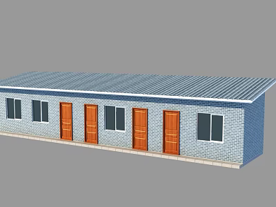 Single Story Rural Self built House With Blue Brick Wall Metal Roof Brown Wooden Doors 3d model