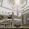 Hotel Lobby Elegant Interior With Chandelier Marble Floor Staircases Columns And Sofas