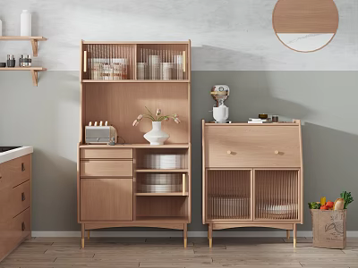 Modern Wooden Sideboard With Storage Drawers Glass Doors And Decorative Items In Kitchen Interior 3d model