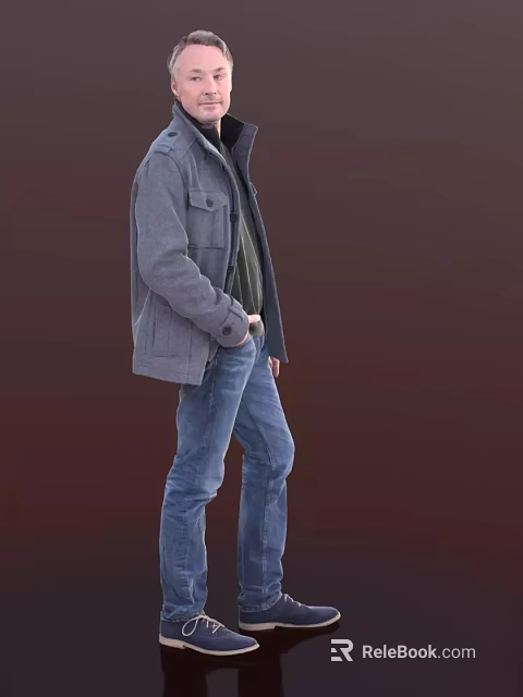 Man In Gray Coat Green Inner Shirt Blue Jeans Standing Sideways With Hand In Pocket 3d model 