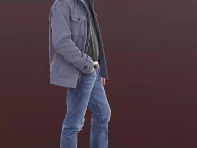 Man In Gray Coat Green Inner Shirt Blue Jeans Standing Sideways With Hand In Pocket 3d model