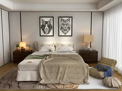 Modern Bedroom Double Bed With Wolf Head Paintings Nightstands Table Lamps And Rug 3d model