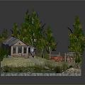 Cartoon Scene With Cozy Cottage Red Car Green Trees Path And Pond