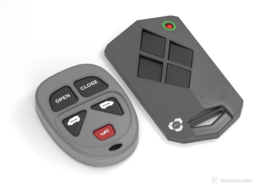 Gray And Black Remote Controls With Open Close Stop Buttons Square Keys And Indicator Light 3d model