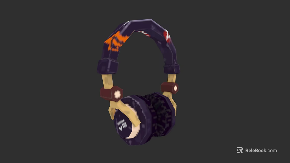 Stylish Purple Headphones With Orange Patterns Wooden Accents And Premium Audio 3d model 