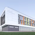Modern School Building With White Facade Large Glass Windows Colorful Accents Front Lawn Exterior Design