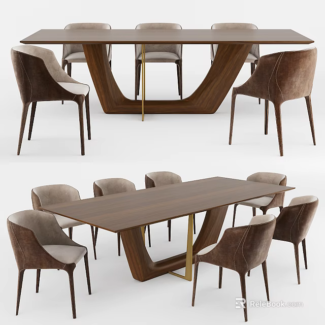 Modern Wooden Dining Table Set With Leather Chairs And Metal Accents 3d model 