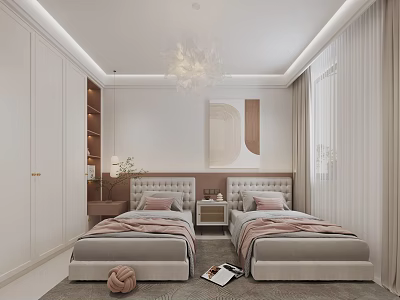 Modern Kids Room Interior With Twin Gray Beds Upholstered Headboards Chandelier And Wall Decor 3d model