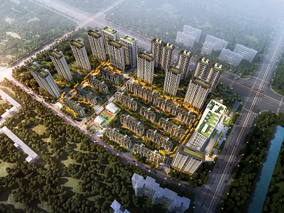 Aerial Planning Of A Residential Community Surrounded By Greenery And River 3d model