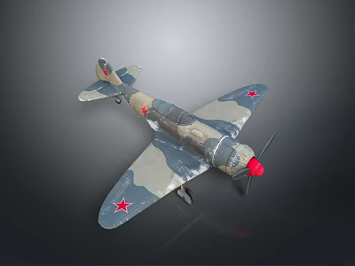 Detailed Camouflage Model Airplane With Red Star Emblems And Red Propeller Design 3d model