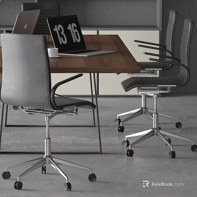 Contemporary Office Desk Setup With Laptop Cup And Two Wheeled Gray Black Chairs 3d model 