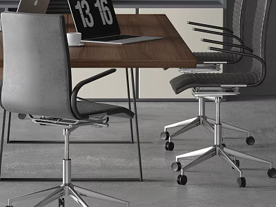 Contemporary Office Desk Setup With Laptop Cup And Two Wheeled Gray Black Chairs 3d model