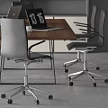 Contemporary Office Desk Setup With Laptop Cup And Two Wheeled Gray Black Chairs