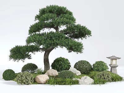 Garden Landscape Featuring Pine Tree Ornamental Bushes Stones And Stone Lantern 3d model