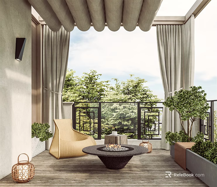 Cozy Home Balcony Interior With Wicker Chair Round Fire Pit Table And Green Plants 3d model 