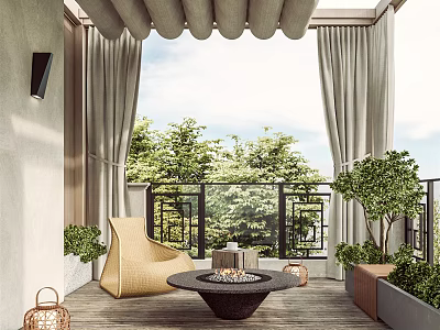 Cozy Home Balcony Interior With Wicker Chair Round Fire Pit Table And Green Plants 3d model