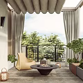 Cozy Home Balcony Interior With Wicker Chair Round Fire Pit Table And Green Plants