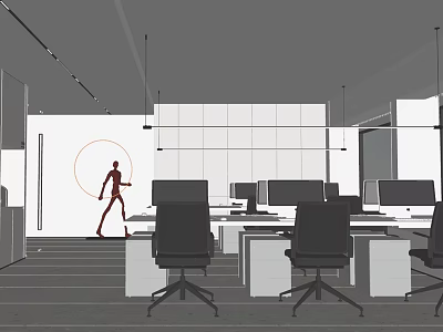 Spacious Public Office Space With Workstations Computers Chairs And Hanging Lights 3d model