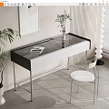 Modern Study Desk With Glass Top Black White Design Metal Legs And Vase Plant