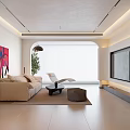 Modern Open Living Dining Area With White Sofa Colorful Painting Floor Lamp And Coffee Table