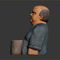 Portly Man Figurine Wearing Blue Shirt Holding Brown Graduated Mug on Gray Background