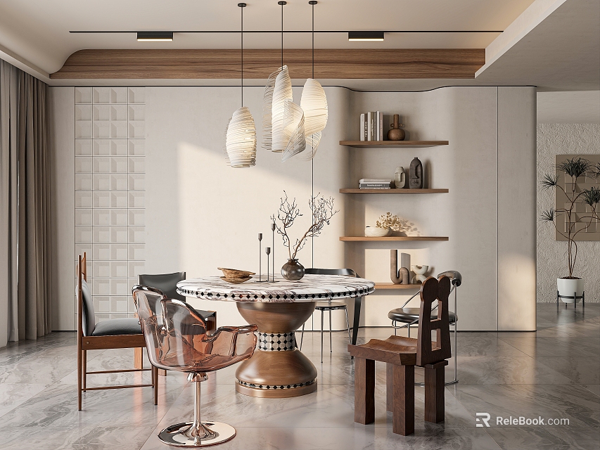 Elegant Modern Restaurant Interior Design With Round Dining Table Chairs Pendant Lights And Decor Shelves 3d model 