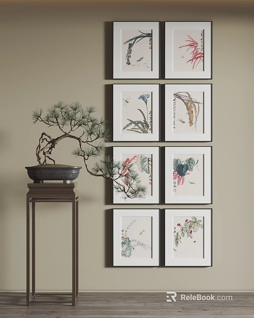 Six Plant Paintings Hung On The Wall Alongside A Bonsai Pine Tree 3d model 