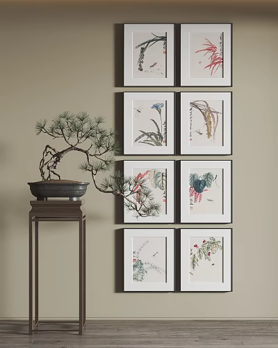 Six Plant Paintings Hung On The Wall Alongside A Bonsai Pine Tree 3d model