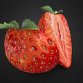 Fresh Ripe Strawberry Split Halves With Green Leaves On Black Background