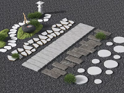 Stepping Stones Path Design With Round Square Slabs Green Plants Stone Lantern On Gravel Ground 3d model