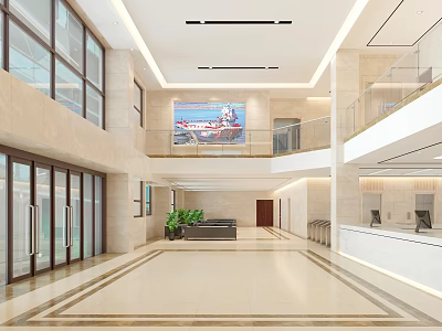 Modern Lobby Reception Desk With Marble Floor Large Windows Green Plants And Decorative Mural 3d model