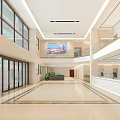 Modern Lobby Reception Desk With Marble Floor Large Windows Green Plants And Decorative Mural