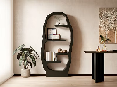 Black Decorative Shelf Unit With Books Decorative Items Large Potted Plant And Side Table 3d model